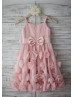 Pink Chiffon 30D flowers Straps Knee Length Flower Girl Dress 